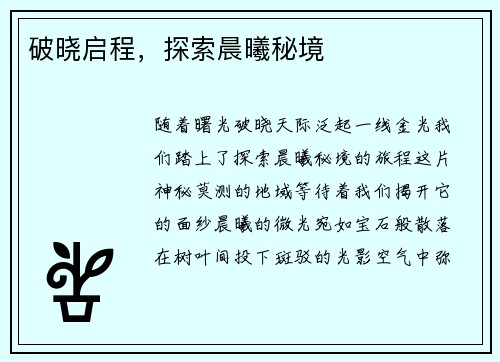 破晓启程，探索晨曦秘境